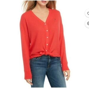 Tommy Hilfiger Women's Tie‎ Waffle Cardigan V-neck Size XXL Coral Color